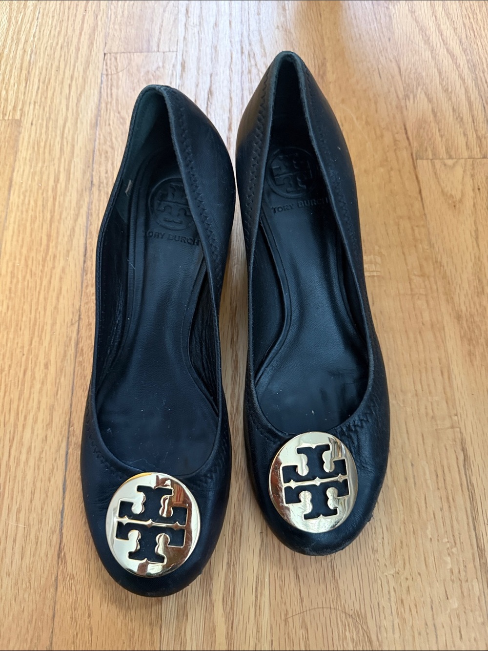 Tory Burch Black Leather Flats with Gold Logo Medallion
